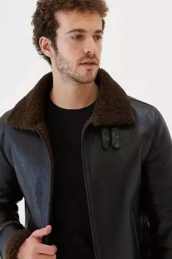 men's black genuine lambskin leather jacket- zipper & collar band style
