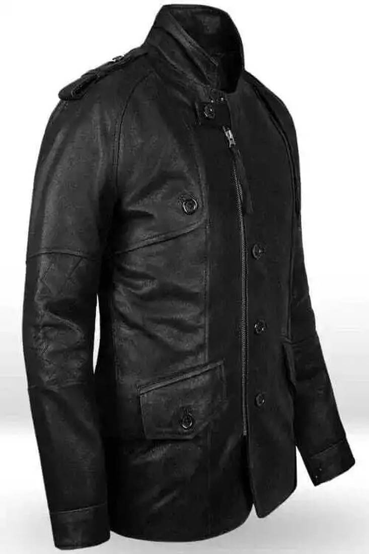 men's black lambskin leather jacket-4 envelope pocket & button style