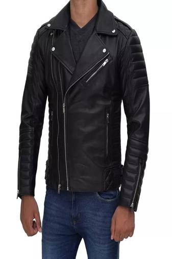 men's black lambskin leather jacket- asymmetrical zipper & quilted hand style