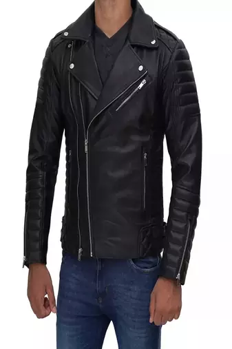 men's black lambskin leather jacket- asymmetrical zipper & quilted hand style