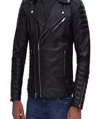 men's black lambskin leather jacket- asymmetrical zipper & quilted hand style