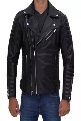 men's black lambskin leather jacket- asymmetrical zipper & quilted hand style 2