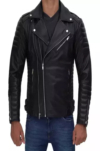 men's black lambskin leather jacket- asymmetrical zipper & quilted hand style