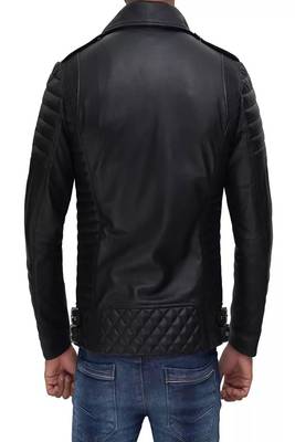 men's black lambskin leather jacket- asymmetrical zipper & quilted hand style 3