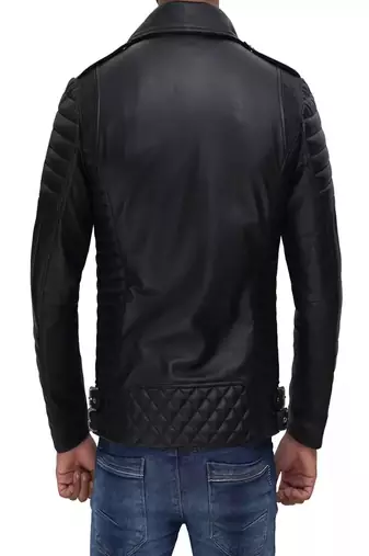 men's black lambskin leather jacket- asymmetrical zipper & quilted hand style