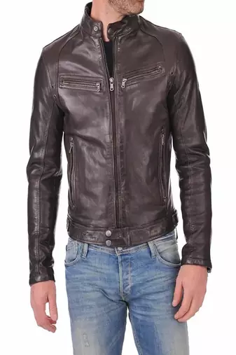 men's brown lambskin leather jacket- straightl zipper & waist belt  biker style