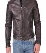 men's brown lambskin leather jacket- straightl zipper & waist belt  biker style