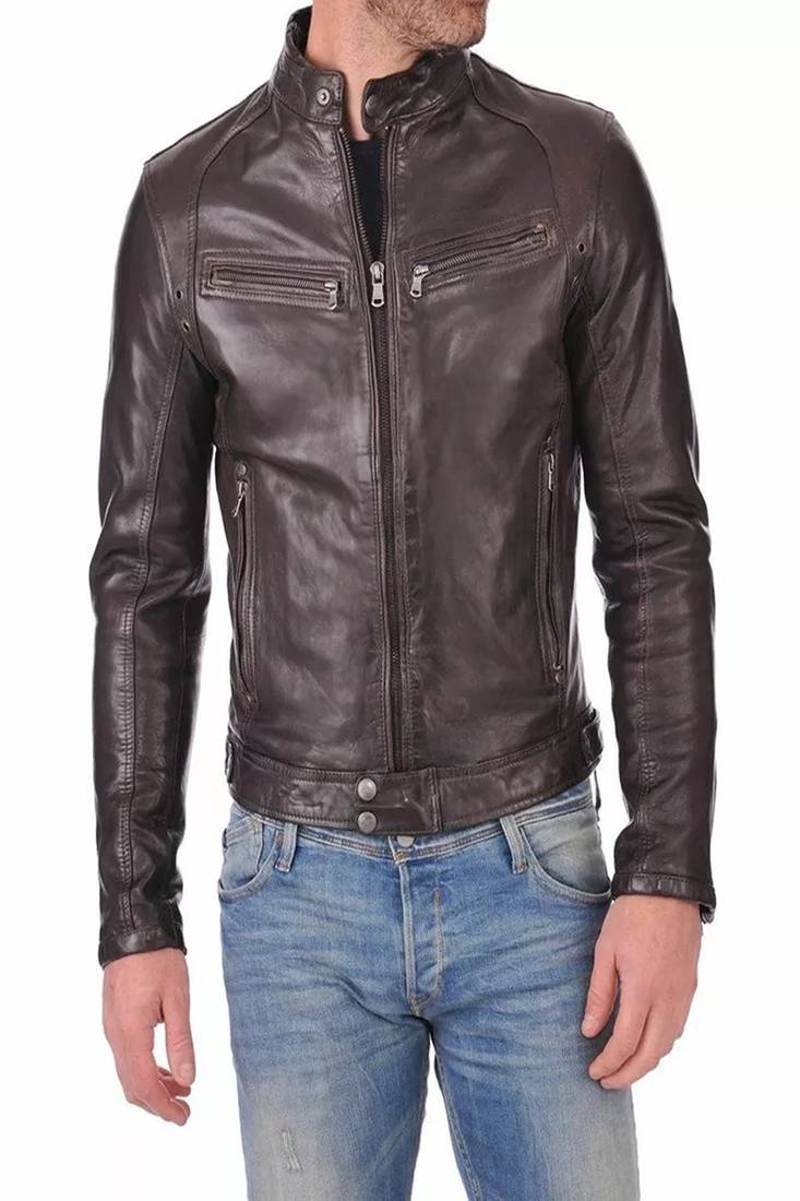 men's brown lambskin leather jacket- straightl zipper & waist belt  biker style