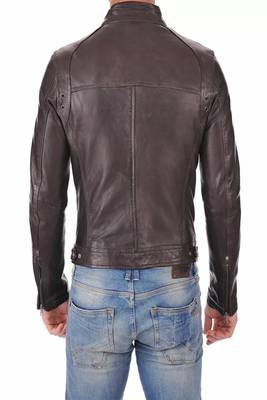 men's brown lambskin leather jacket- straightl zipper & waist belt  biker style 2