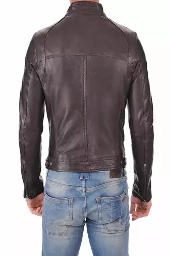 men's brown lambskin leather jacket- straightl zipper & waist belt  biker style