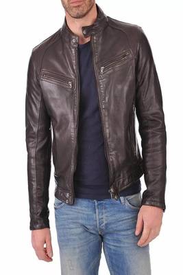 men's brown lambskin leather jacket- straightl zipper & waist belt  biker style 3