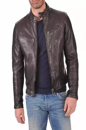 men's brown lambskin leather jacket- straightl zipper & waist belt  biker style