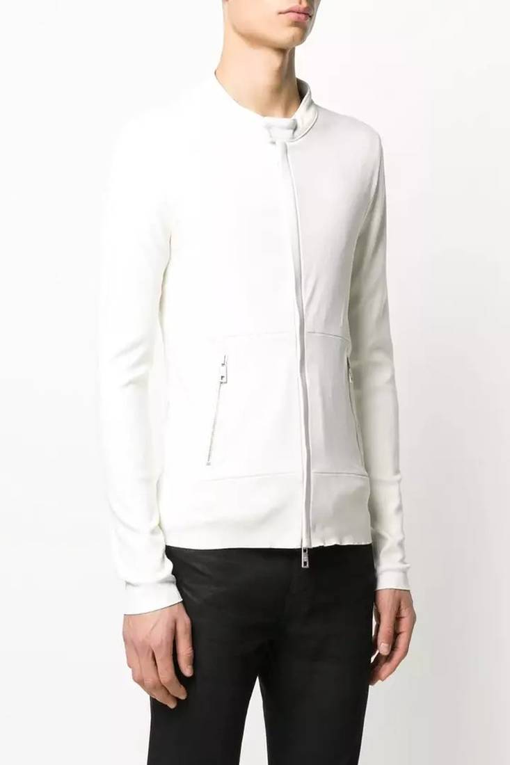 men's white genuine lambskin leather jacket- 2 front pocket & ribbed cuff style