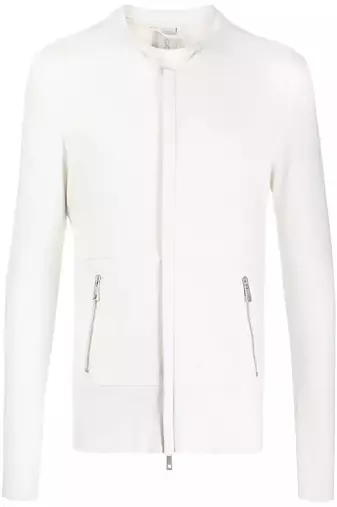 men's white genuine lambskin leather jacket- 2 front pocket & ribbed cuff style