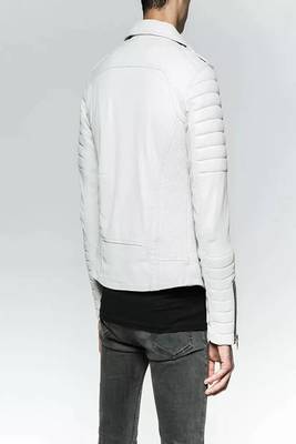 men's white lambskin leather jacket-2 pocket & snap button style 2