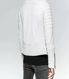 men's white lambskin leather jacket-2 pocket & snap button style