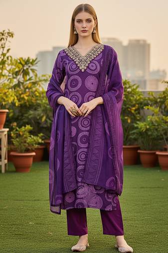 Women's purple rayon printed with embroidery worked straight kurta set with pant & dupatta