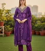 Women's purple rayon printed with embroidery worked straight kurta set with pant & dupatta