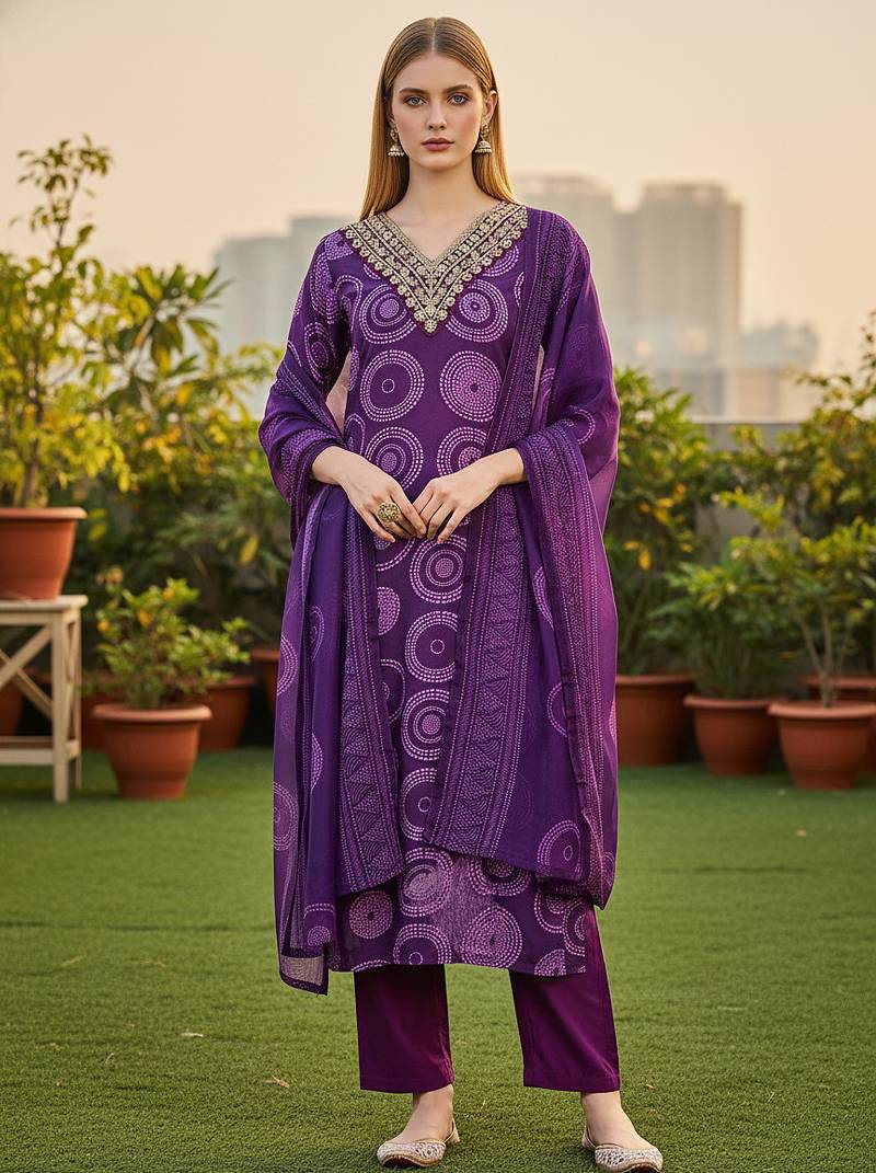 Women's purple rayon printed with embroidery worked straight kurta set with pant & dupatta