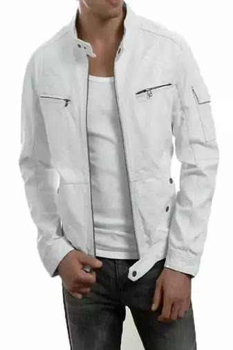 men's white lambskin leather jacket-2 pocket & snap button style
