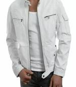 men's white lambskin leather jacket-2 pocket & snap button style