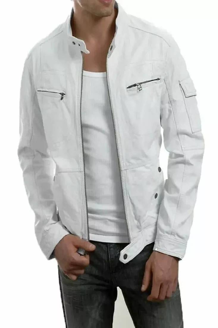 men's white lambskin leather jacket-2 pocket & snap button style