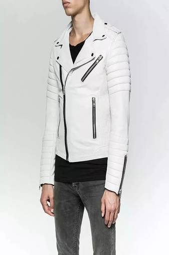 men's white lambskin leather jacket- asymmetrical zipper & quilted hand style