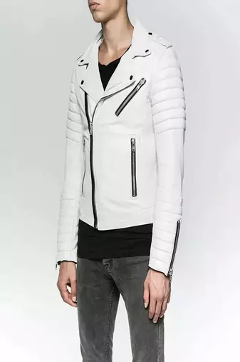 men's white lambskin leather jacket- asymmetrical zipper & quilted hand style