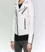 men's white lambskin leather jacket- asymmetrical zipper & quilted hand style