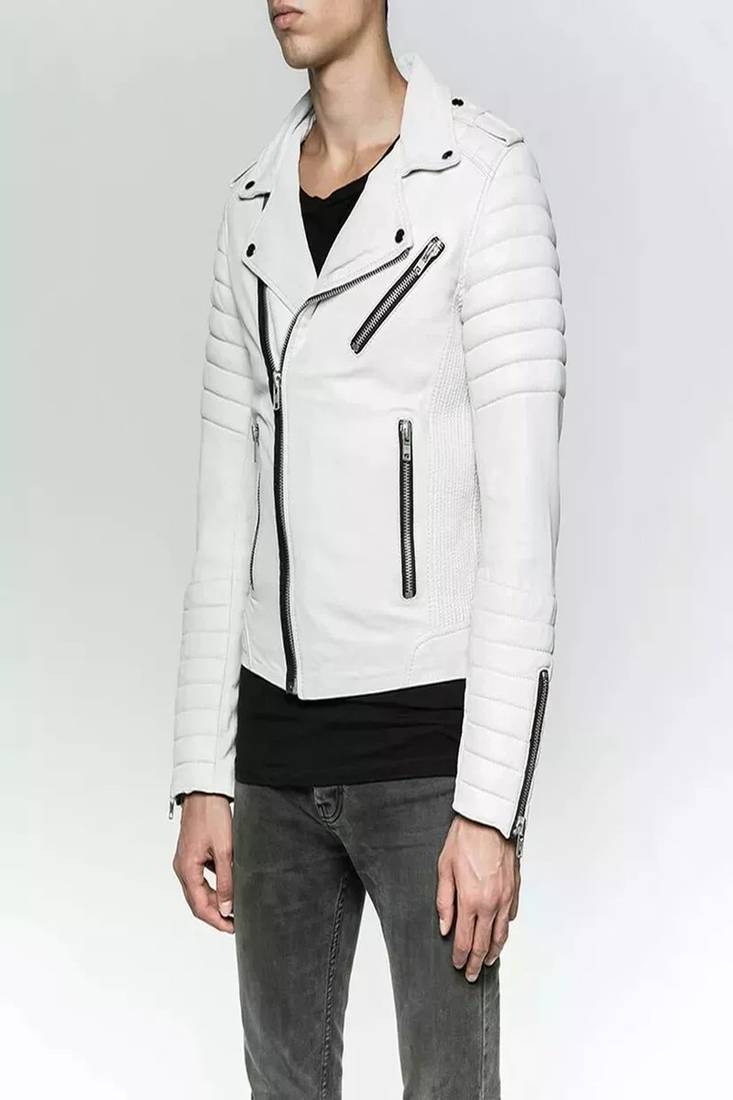 men's white lambskin leather jacket- asymmetrical zipper & quilted hand style