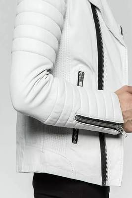 men's white lambskin leather jacket- asymmetrical zipper & quilted hand style 2