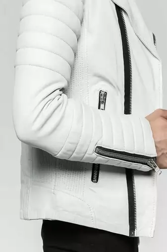 men's white lambskin leather jacket- asymmetrical zipper & quilted hand style