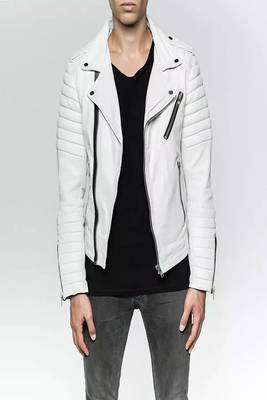 men's white lambskin leather jacket- asymmetrical zipper & quilted hand style 3