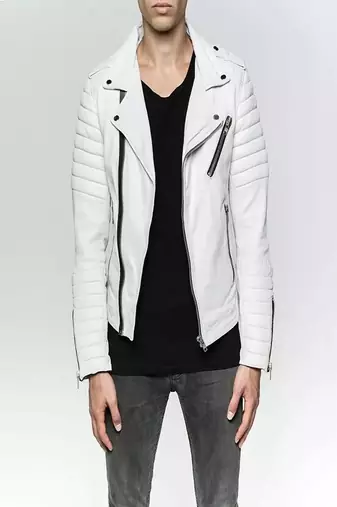 men's white lambskin leather jacket- asymmetrical zipper & quilted hand style