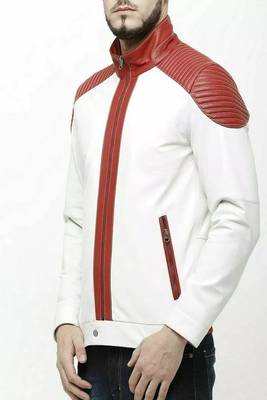 men's white & red qui;ted shoulder lambskin leather jacket-biker style 1