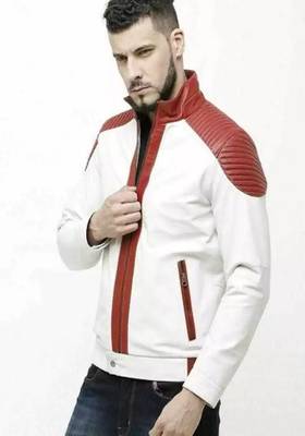 men's white & red qui;ted shoulder lambskin leather jacket-biker style 2