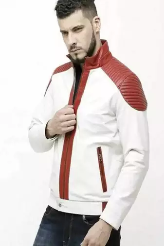 men's white & red qui;ted shoulder lambskin leather jacket-biker style
