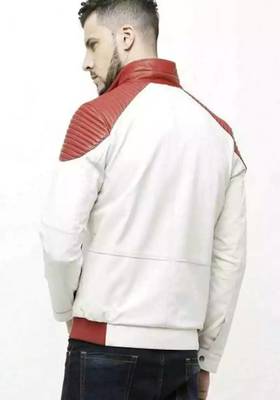men's white & red qui;ted shoulder lambskin leather jacket-biker style 3