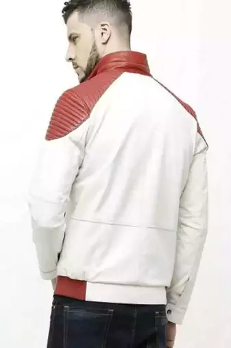 men's white & red qui;ted shoulder lambskin leather jacket-biker style