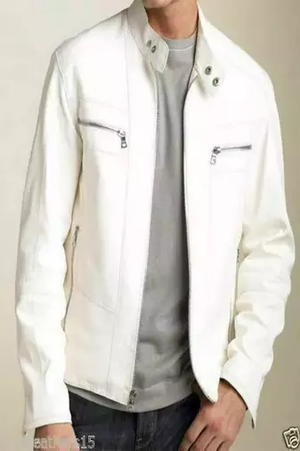 men's white & black strip lambskin leather jacket-zipper & zipper detail  style