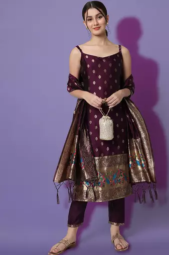 wine fancy cotton silk kurta set