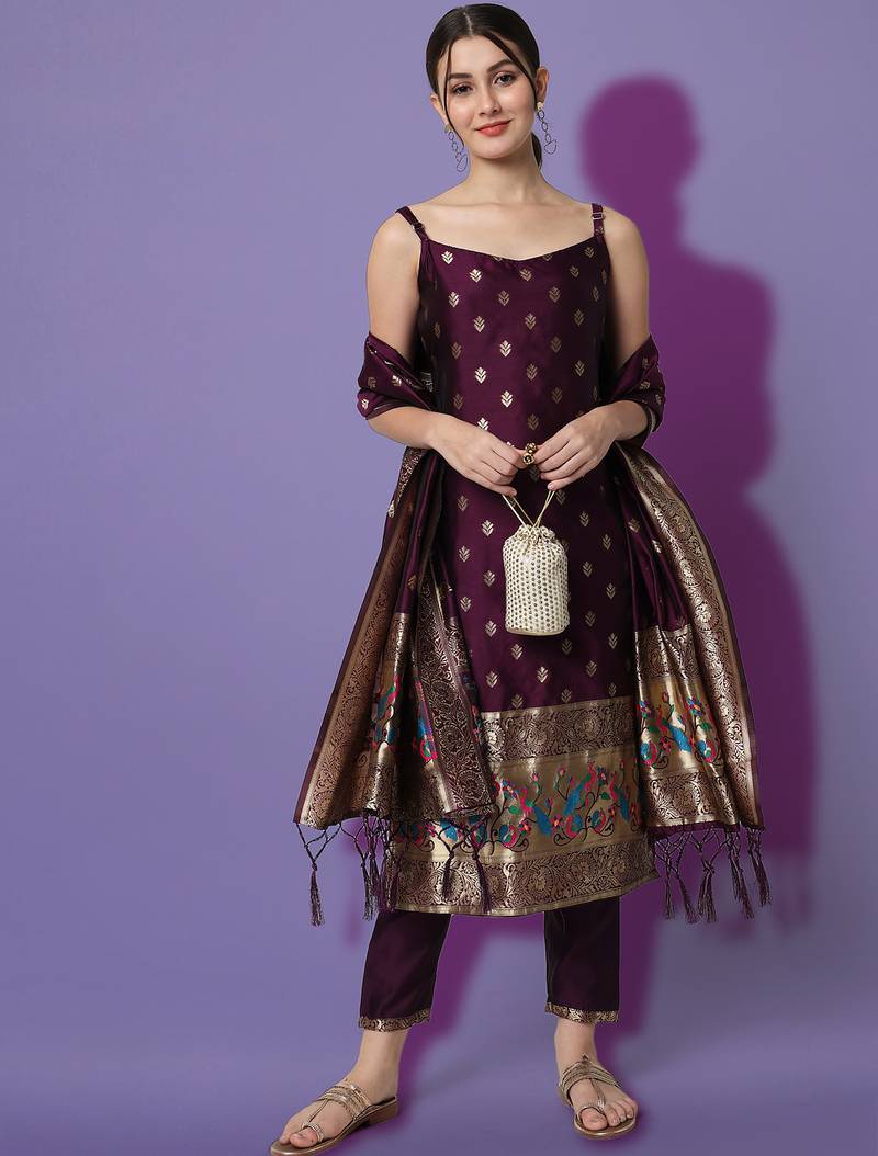 wine fancy cotton silk kurta set