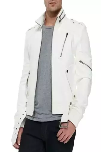 Men's white leathe biker jacket- contrast stitching trucker or worker design