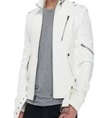 Men's white leathe biker jacket- contrast stitching trucker or worker design