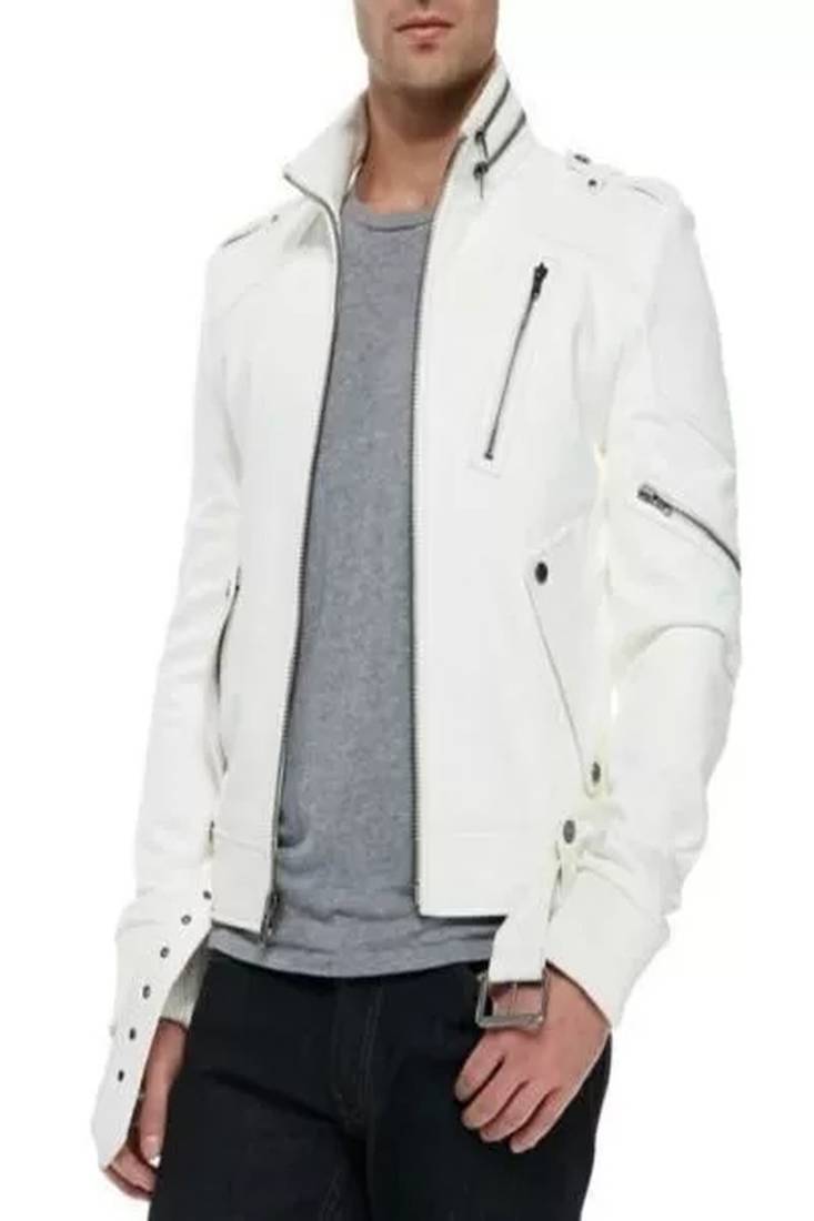 Men's white leathe biker jacket- contrast stitching trucker or worker design