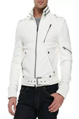 Men's white leathe biker jacket- contrast stitching trucker or worker design 2