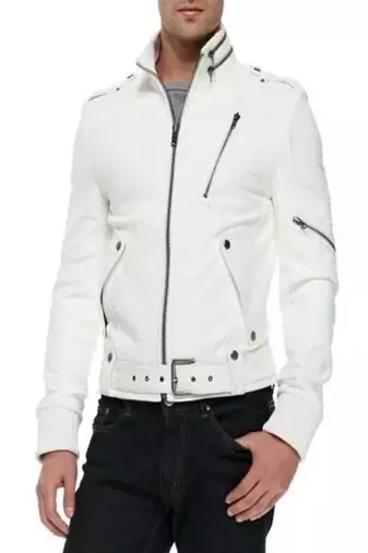 Men's white leathe biker jacket- contrast stitching trucker or worker design