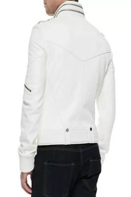 Men's white leathe biker jacket- contrast stitching trucker or worker design 3