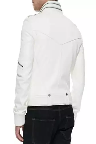 Men's white leathe biker jacket- contrast stitching trucker or worker design