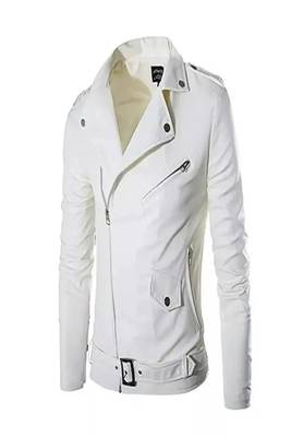 men's white lambskin leather jacket- asymmetrical zipper & waist belt style 1